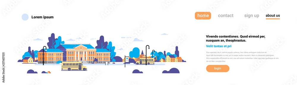 yellow bus in front of school building exterior pupils transport concept on white background flat banner vector illustration