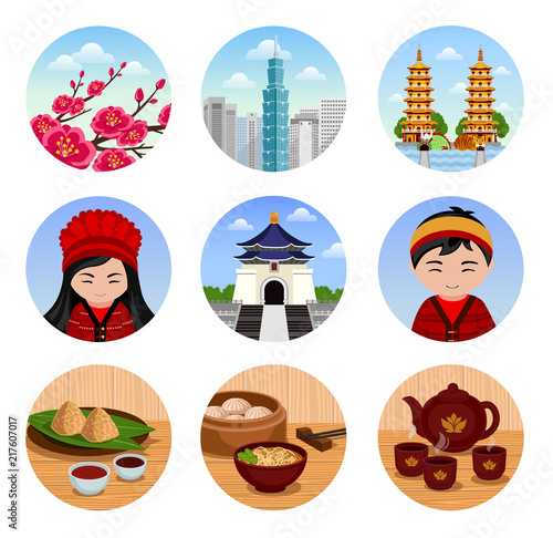 Travel to Taiwan. Set of traditional cultural taiwanese symbols, cuisine, architecture. Collection of colorful vector illustrations for the guidebook. Peoples in national dress. Flat round icons.