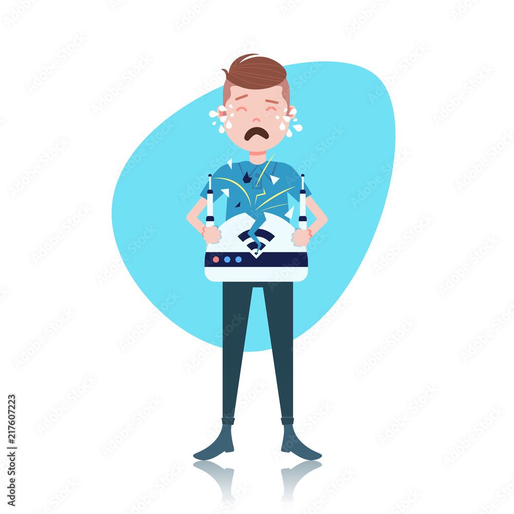crying man character with broken wireless drone controller template for design work or animation over white background full length flat vector illustration