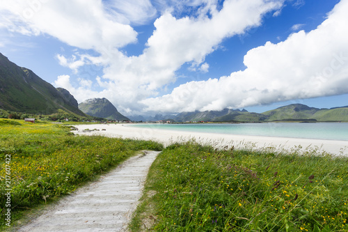 Rambergstranda beach on Lofoten islands. Beautiful sandy beach and azure water. Norway. photo