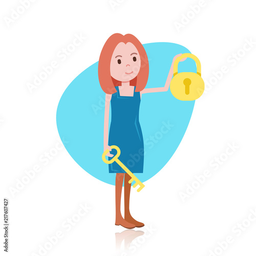 woman character holding key lock template for design work or animation over white background full length flat vector illustration photo