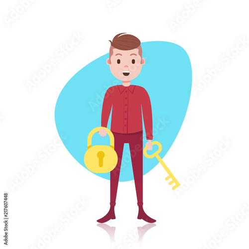 man character holding key lock template for design work or animation over white background full length flat vector illustration photo