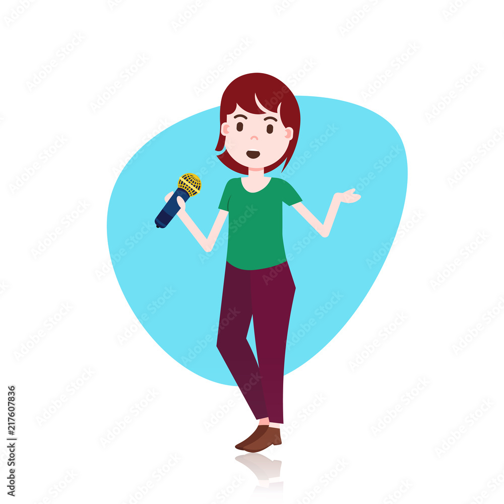 woman character holding microphone toastmaster template for design work or animation over white background full length flat vector illustration woman character holding microphone toastmaster template for design work or animation over white background full length flat vector illustration