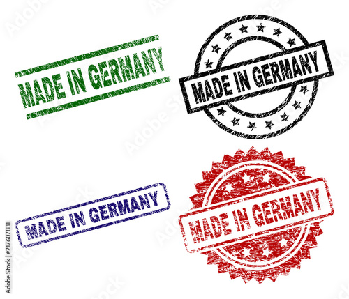 MADE IN GERMANY seal prints with damaged surface. Black, green,red,blue vector rubber prints of MADE IN GERMANY tag with corroded surface. Rubber seals with circle, rectangle, medal shapes.