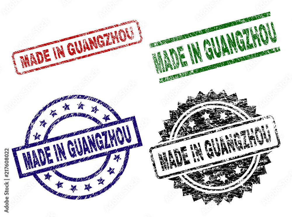 MADE IN GUANGZHOU seal imprints with damaged texture. Black, green,red,blue vector rubber prints of MADE IN GUANGZHOU tag with unclean texture. Rubber seals with round, rectangle, medal shapes.