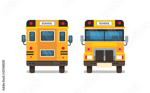yellow school bus front rear view pupils transport concept on white background flat horizontal vector illustration
