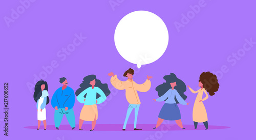 casual people group chat bubble together man woman character diversity poses male female violet background full length cartoon flat vector illustration