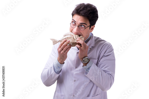 Funny crazy professor paleontologyst studying animal skeletons i