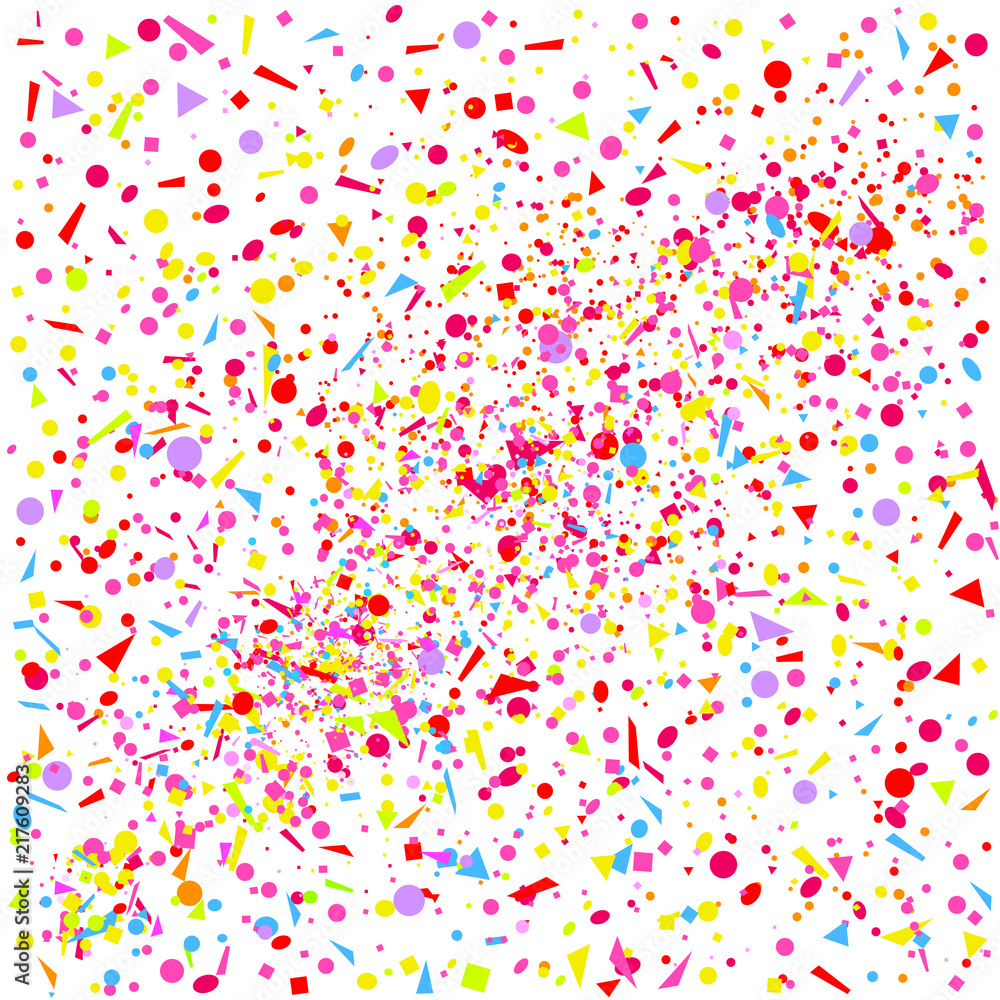 Square multicolored pattern with random falling colored confetti on white background. Texture with glitters for design. Greeting cards. Explosion. Bright firework. Print for polygraphy and posters