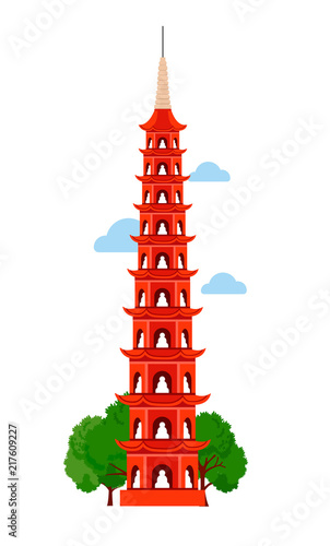 Tran Quoc Pagoda. Hanoi West Lake, Vietnam, Southeast Asia. Vector flat illustration