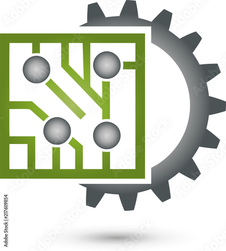 Chip, Platine und Zahnrad, IT Dienstleistungen Logo