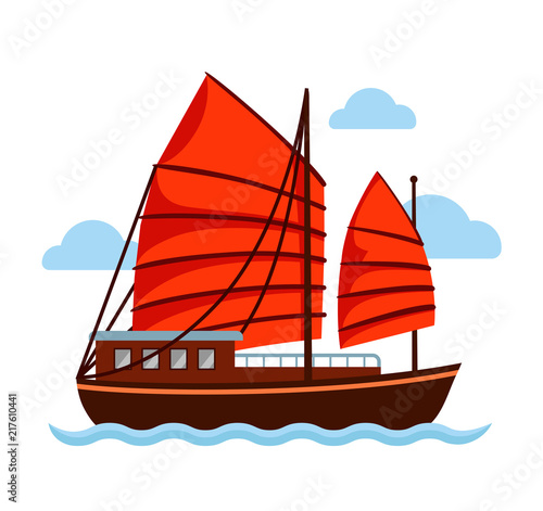 Junk boat with red sail. Vector flat illustration.