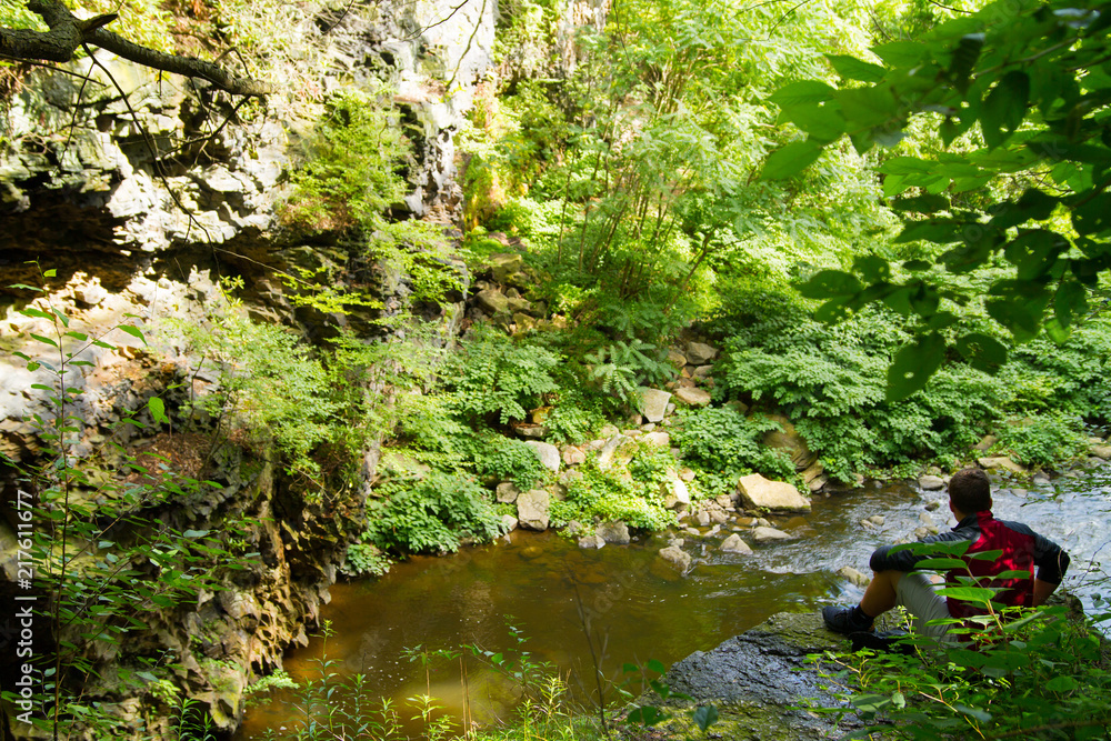 Watching Water Fall And Stream Run Through Natural Gorge In A Green Forest Watching Water Fall And Stream Run Through Natural Gorge In A Green Forest