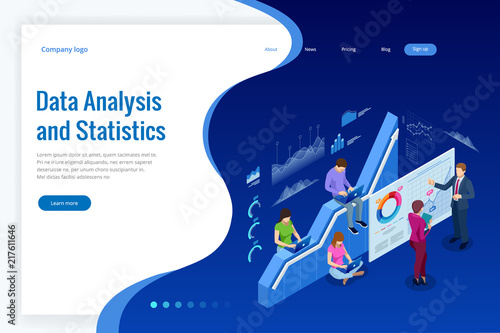 Isometric web banner Data Analysis and Statistics concept. Vector illustration business analytics, Data visualization. Technology, Internet and network concept. Data and investments.