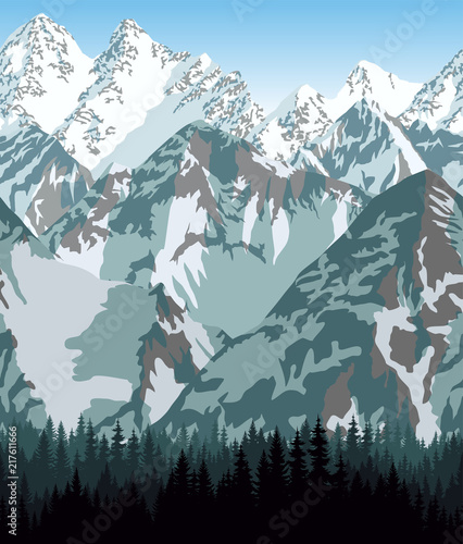 vector Bhutan mountains forest background texture seamless pattern