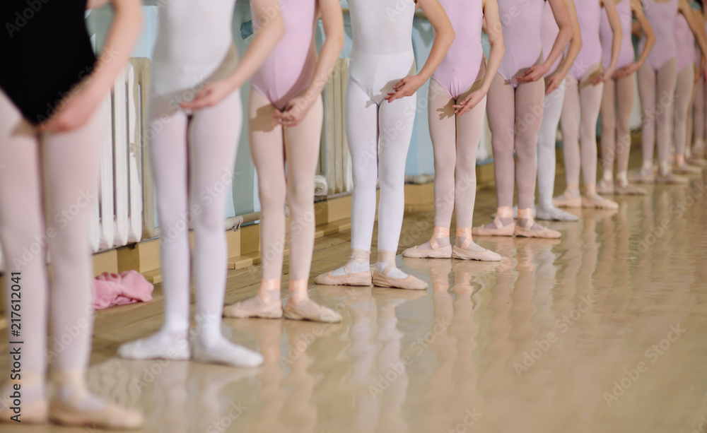 Obraz premium The training of young dancers in the ballet studio. Young dancers perform gymnastic exercises at the ballet or barre while warm-up in the classroom.