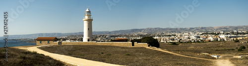 A scenic panorama of a Paphos lighthouse, city, mountains and Mediterranean sea, Cyprus
