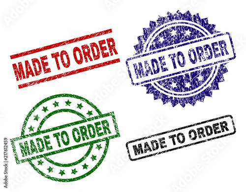 MADE TO ORDER seal prints with corroded style. Black, green,red,blue vector rubber prints of MADE TO ORDER tag with corroded style. Rubber seals with circle, rectangle, medallion shapes.