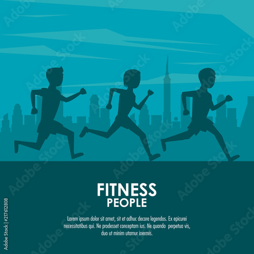 Fitness people running silhouette at city cartoon poster with information vector illustration graphic design