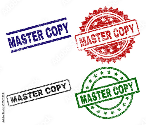 MASTER COPY seal prints with corroded texture. Black, green,red,blue vector rubber prints of MASTER COPY label with corroded style. Rubber seals with circle, rectangle, medallion shapes.