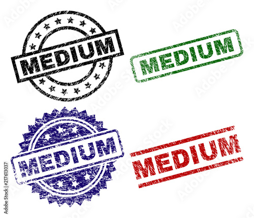 MEDIUM seal prints with corroded surface. Black, green,red,blue vector rubber prints of MEDIUM text with corroded style. Rubber seals with circle, rectangle, medallion shapes.