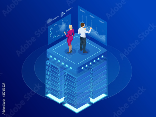 Isometric web banner Data analytics platform and Statistics. Vector illustration hosting server or data center room. Technology, Internet and network concept. Data and investments.