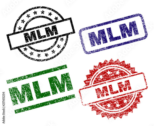 MLM seal stamps with damaged texture. Black, green,red,blue vector rubber prints of MLM caption with dust texture. Rubber seals with round, rectangle, medallion shapes.