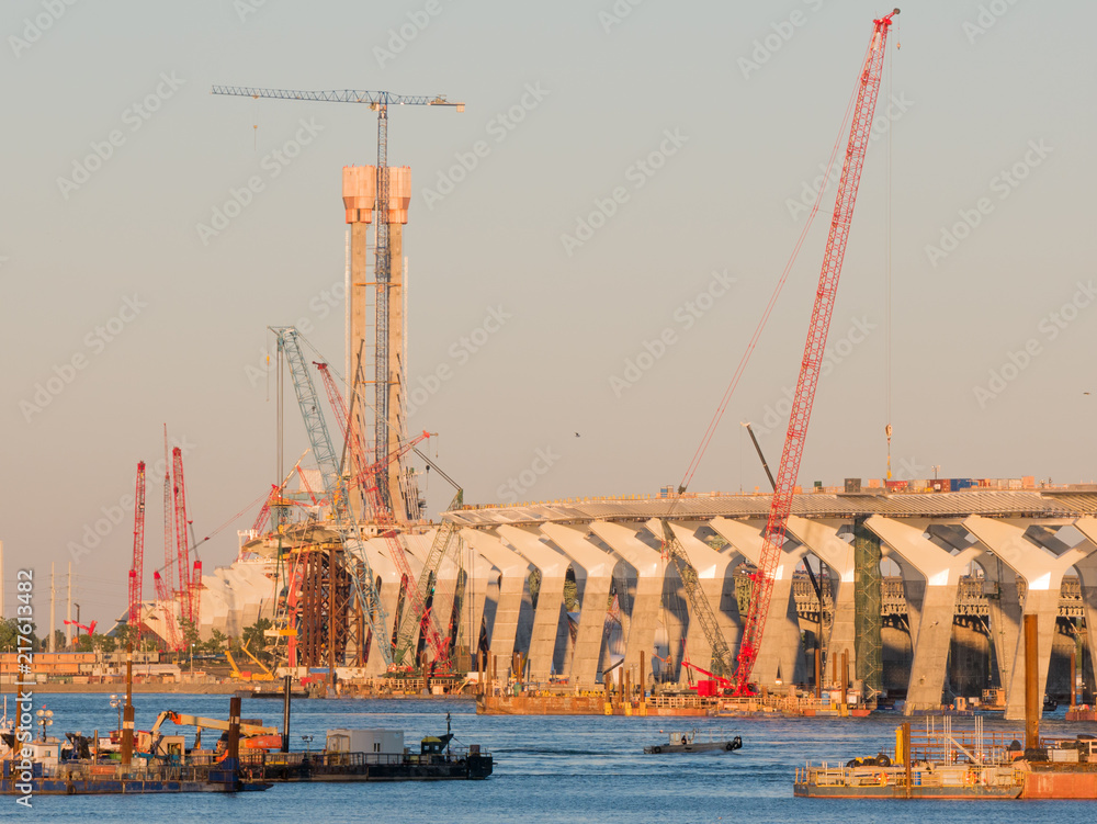 Major bridge construction site at the golden hour, Montreal, quebec, Canada.