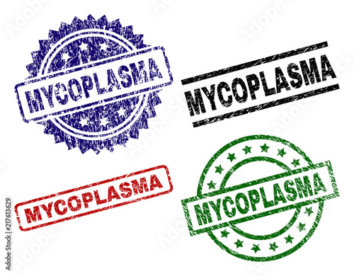 MYCOPLASMA seal prints with distress texture. Black, green,red,blue vector rubber prints of MYCOPLASMA title with grunge style. Rubber seals with round, rectangle, medal shapes.