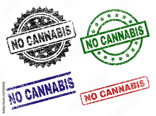 NO CANNABIS seal prints with corroded surface. Black, green,red,blue vector rubber prints of NO CANNABIS title with corroded surface. Rubber seals with round, rectangle, medal shapes.