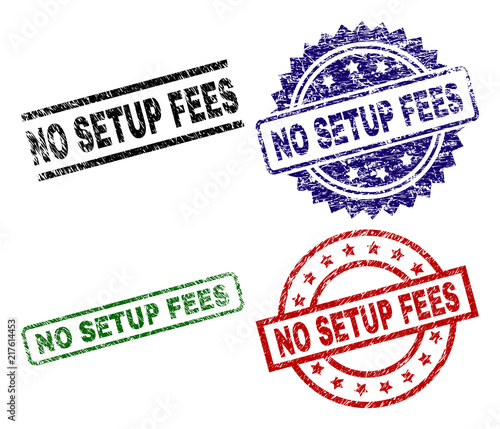 NO SETUP FEES seal prints with distress style. Black, green,red,blue vector rubber prints of NO SETUP FEES tag with dust style. Rubber seals with round, rectangle, rosette shapes.