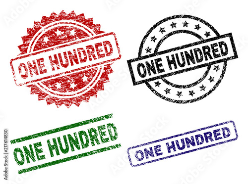 ONE HUNDRED seal prints with corroded texture. Black, green,red,blue vector rubber prints of ONE HUNDRED tag with corroded surface. Rubber seals with round, rectangle, rosette shapes.
