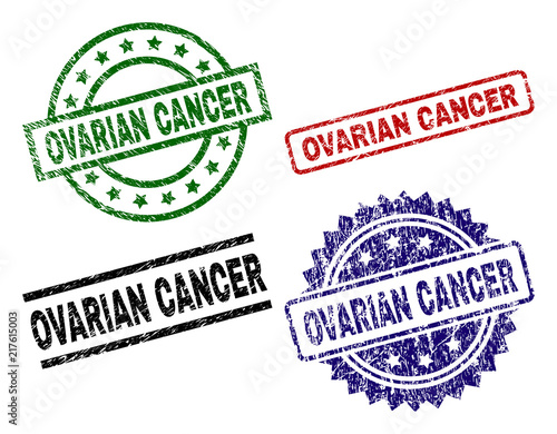 OVARIAN CANCER seal prints with distress surface. Black, green,red,blue vector rubber prints of OVARIAN CANCER caption with unclean surface. Rubber seals with round, rectangle, medal shapes.
