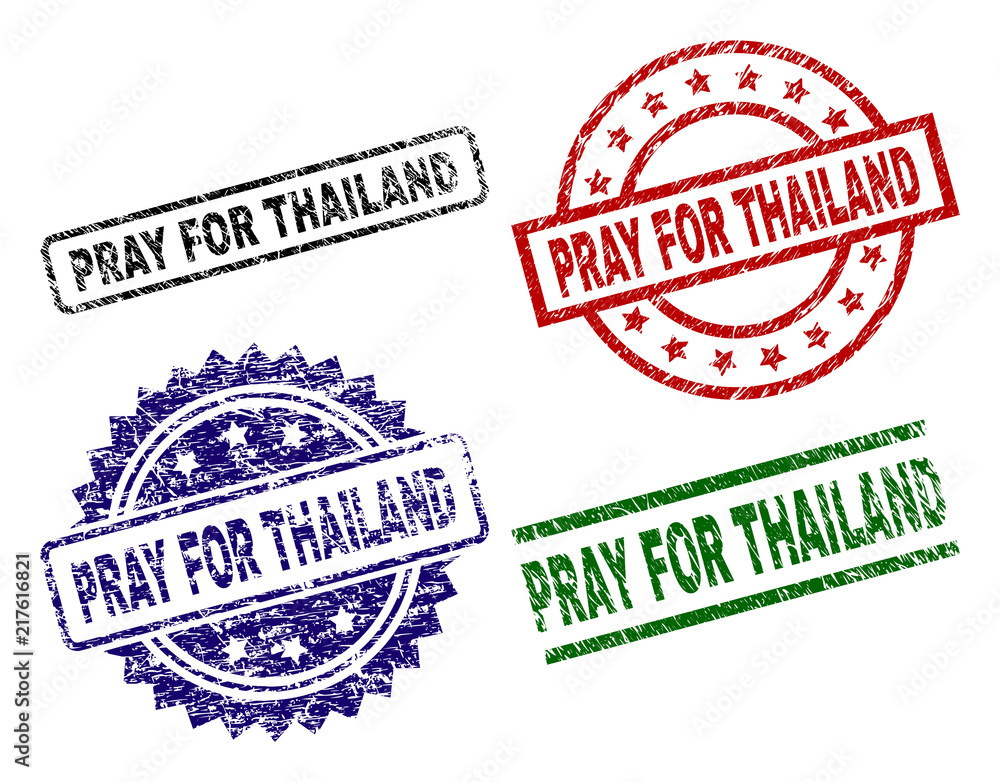 PRAY FOR THAILAND seal prints with damaged texture. Black, green,red,blue vector rubber prints of PRAY FOR THAILAND text with retro texture. Rubber seals with round, rectangle, medallion shapes. PRAY FOR THAILAND seal prints with damaged texture. Black, green,red,blue vector rubber prints of PRAY FOR THAILAND text with retro texture. Rubber seals with round, rectangle, medallion shapes.