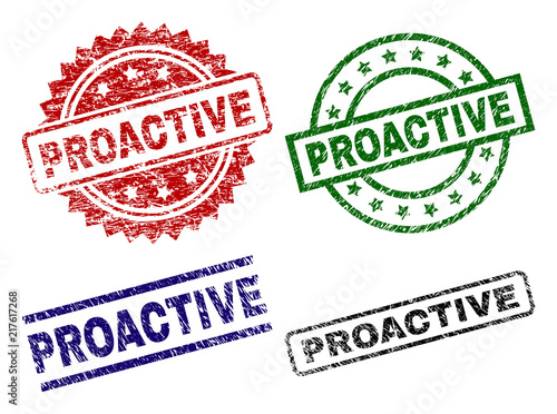 PROACTIVE seal prints with distress surface. Black, green,red,blue vector rubber prints of PROACTIVE caption with scratched surface. Rubber seals with circle, rectangle, medal shapes.