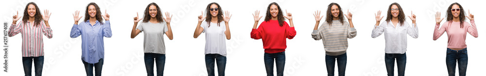 Composition of young brazilian woman isolated over white background showing and pointing up with fingers number seven while smiling confident and happy. Composition of young brazilian woman isolated over white background showing and pointing up with fingers number seven while smiling confident and happy.