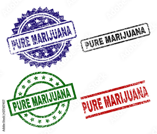 PURE MARIJUANA seal prints with damaged surface. Black, green,red,blue vector rubber prints of PURE MARIJUANA label with scratched surface. Rubber seals with circle, rectangle, medallion shapes.
