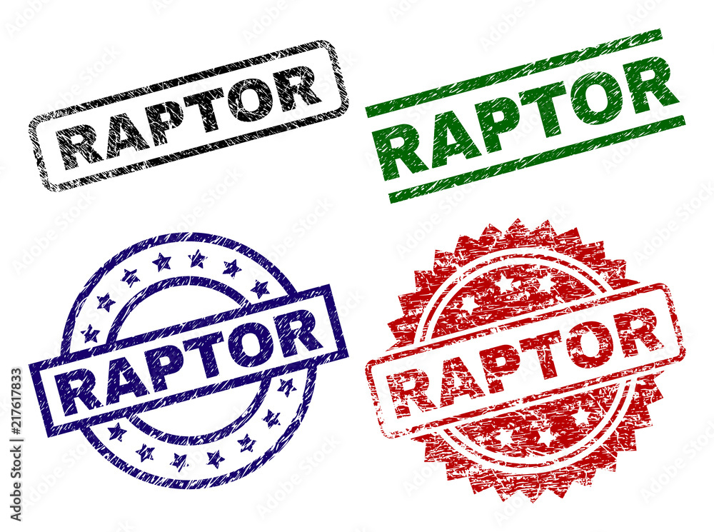 RAPTOR seal prints with distress texture. Black, green,red,blue vector rubber prints of RAPTOR tag with scratched surface. Rubber seals with round, rectangle, rosette shapes. RAPTOR seal prints with distress texture. Black, green,red,blue vector rubber prints of RAPTOR tag with scratched surface. Rubber seals with round, rectangle, rosette shapes.