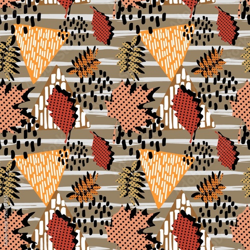 Trendy autumn memphis pattern with leaves and geometric shape
