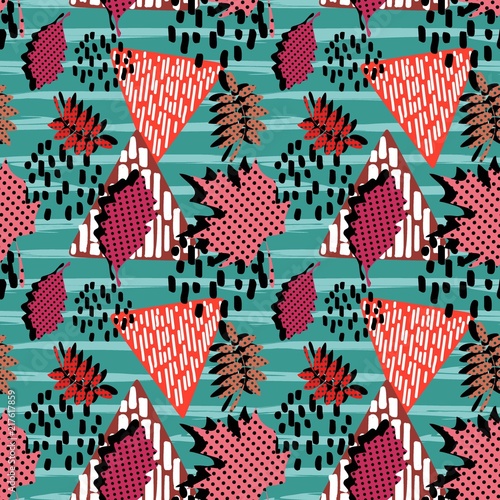 Trendy autumn memphis pattern with leaves and geometric shape