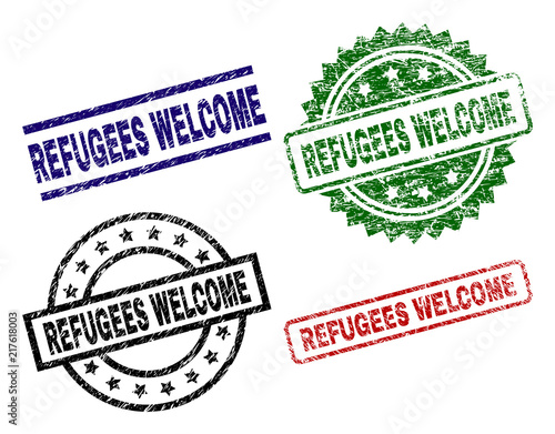 REFUGEES WELCOME seal prints with corroded surface. Black, green,red,blue vector rubber prints of REFUGEES WELCOME label with scratched surface. Rubber seals with circle, rectangle, medallion shapes.