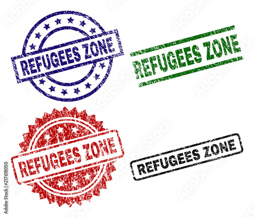 REFUGEES ZONE seal prints with damaged style. Black, green,red,blue vector rubber prints of REFUGEES ZONE label with retro style. Rubber seals with round, rectangle, medal shapes.
