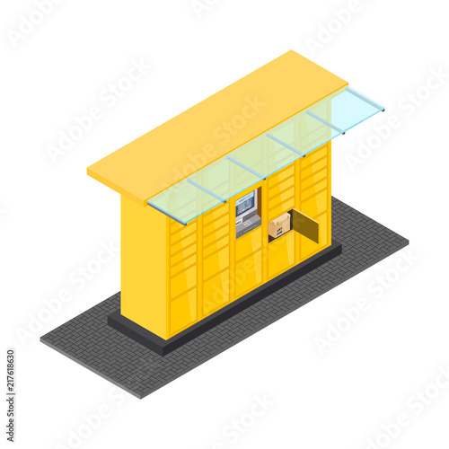 Vector isometric post automat illustration. Postomat branded self-service boxes. Modern technology delivery service machine. Automation service software office. Commerce sign