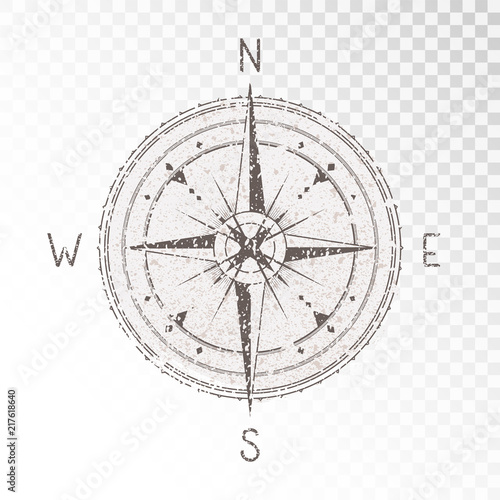 Vector illustration with a vintage textured compass or wind rose and grunge texture elements on transparent background. With basic directions North, East, South and West.