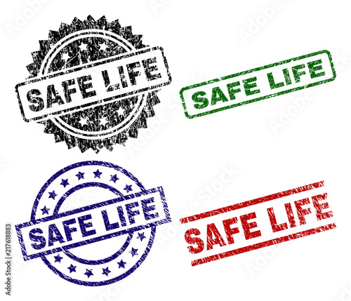 SAFE LIFE seal imprints with corroded style. Black, green,red,blue vector rubber prints of SAFE LIFE caption with corroded style. Rubber seals with circle, rectangle, rosette shapes.