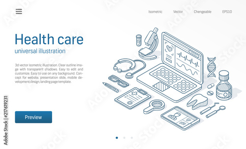Healthcare modern isometric line illustration. Medical business sketch drawn icon. Abstract 3d vector background. Clinic web help service, online doctor consult concept. Medicine landing page template