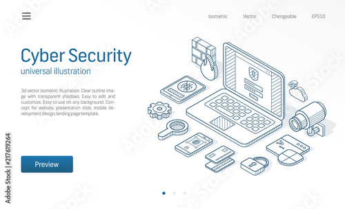 Cyber security modern isometric line illustration. Internet safety sketch drawn icon. Abstract 3d vector background. Online data protect service, access control web lock concept. Landing page template