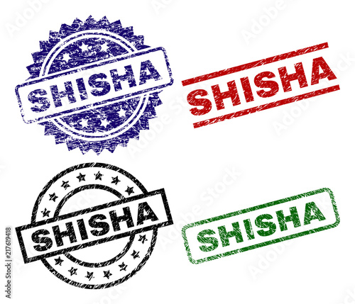 SHISHA seal prints with damaged style. Black, green,red,blue vector rubber prints of SHISHA text with grunge style. Rubber seals with circle, rectangle, rosette shapes.