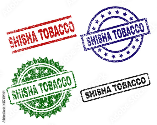 SHISHA TOBACCO seal prints with distress surface. Black, green,red,blue vector rubber prints of SHISHA TOBACCO title with unclean surface. Rubber seals with round, rectangle, rosette shapes.