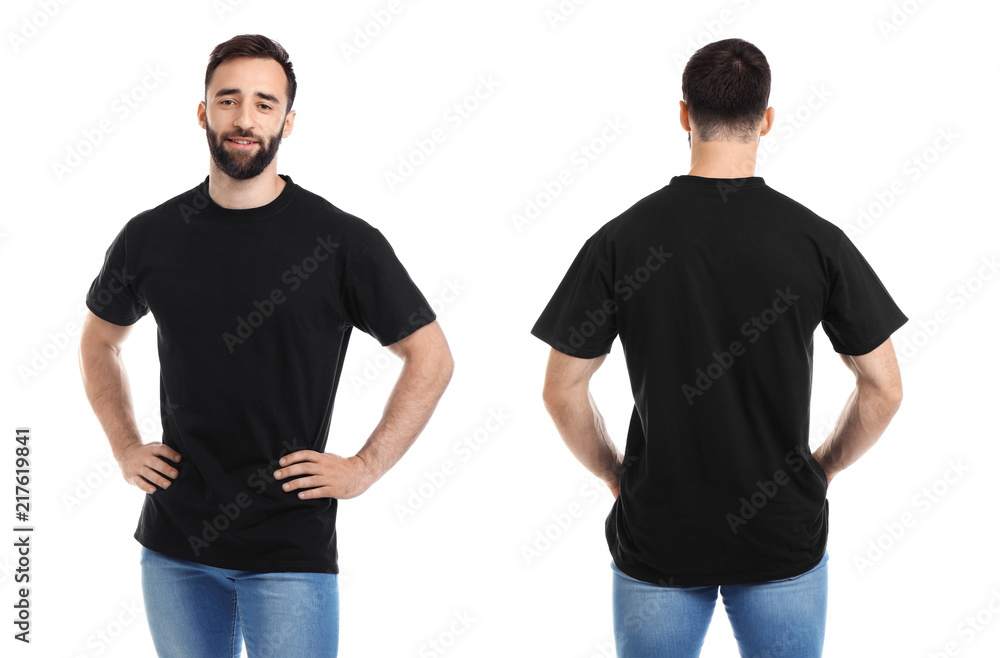 Front and back views of young man in black t-shirt on white background. Mockup for design